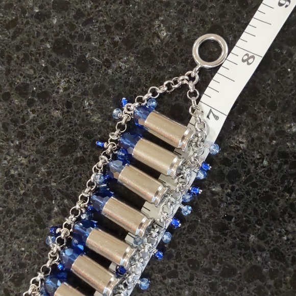 Handmade Bullet Shell Casing Bracelet With Blue Swarovski Crystals - Picture 10 of 15